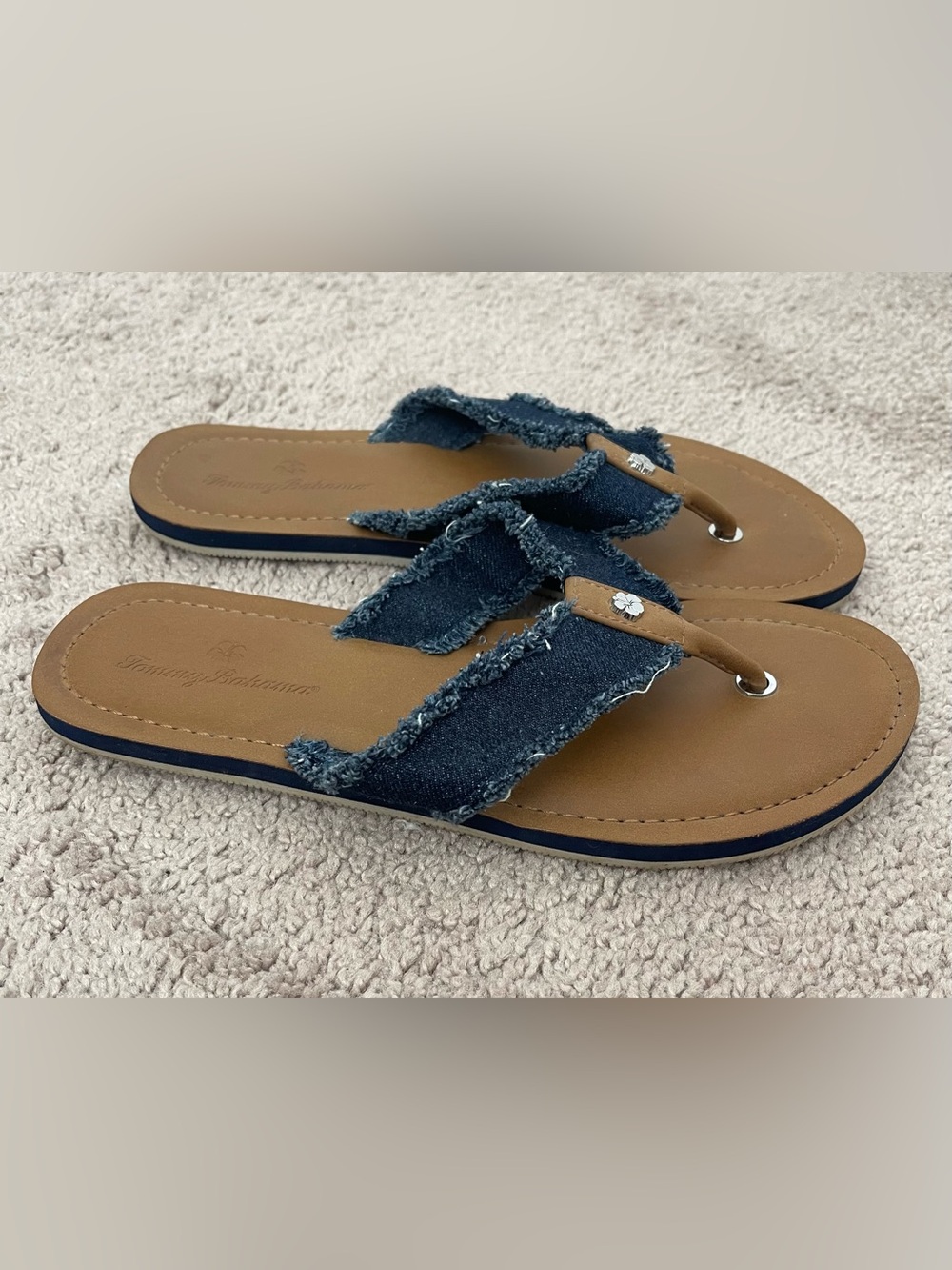 Tommy Bahama Navy Denim Fringe Thong Sandals with Brown Footbed